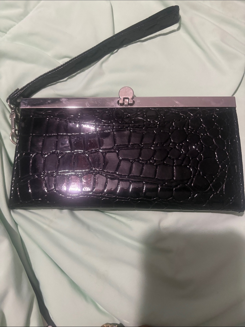 Black Croc-Embossed Wristlet Clutch